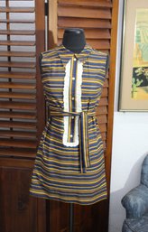 Charming Vintage Navy And Gold Striped Dress With Lace Detail - Size Small