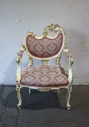 Gorgeous Vintage Louis XV/Rococo Style Upholstered Ivory And Gold Arm Chair