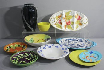 Group Lot - Black Vase , And Some Serving Plates