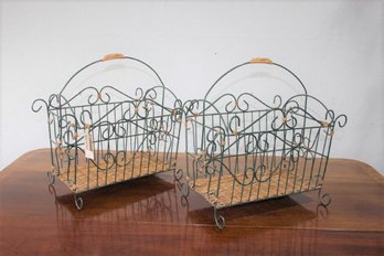 Two Palacek Bent Wire And Woven Cane Bottom Kitchen Baskets