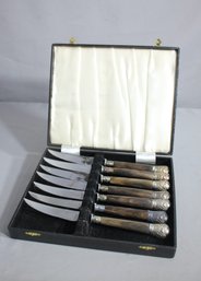 Sheffield English Natural Horn And Silver-plated  Mounted Cap Steak Knives,