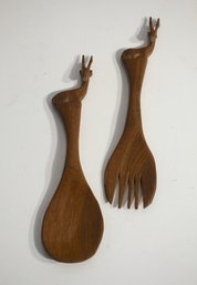 Vintage  Hand Carved Wooden Impala Antelope Gazelle Salad Fork Spoon Serving Utensils