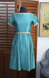 Vintage Teal Silk Dress With White  Accents - Size Small