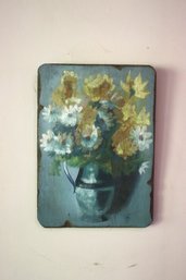 Oil On Wood Painting, Blue And Yellow And White  Flowers