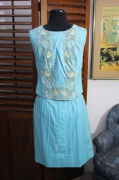 Stunning Vintage Aqua Blue Two-Piece Dress Set With Gold Embroidery - Size Small