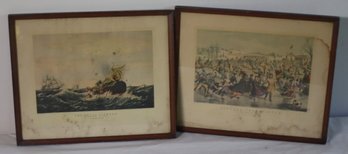Pair Of  Currier & Ives Bookplate Print 'The Whale Fishery ' And Winter At Central Park