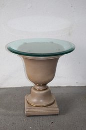 Round Glass Top Low Table On Wooden Pedestal Urn Base