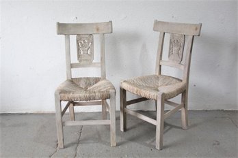 Two Weathered Teak Rush Seat Side Chairs With Carved Pierces Splats