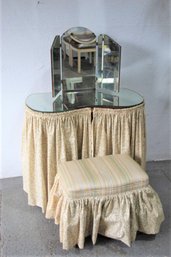 Hollywood Regency Style Skirted Vanity Set - Mirror Top, Tri-Fold Standing Mirror, Skirted Stool