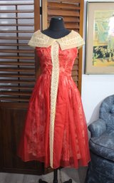 Vintage Red And Gold Lace Overlay Dress - Size Small