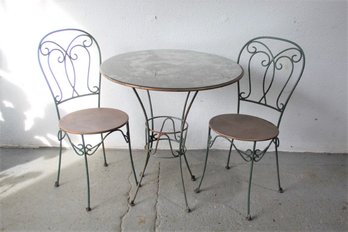 Vintage Weathered Wrought Iron And Painted Metal Garden/Bistro Table And Two Chairs