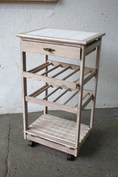 Compact Rolling Wooden Kitchen Island Table W/ Wine And Glass Rack And Tile Top