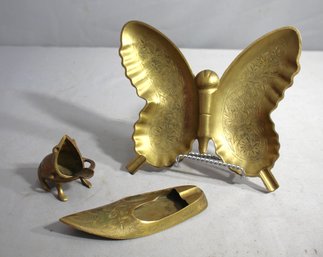 Vintage Brass Decorative Set - Butterfly Tray, Frog Incense Burner, And Shoehorn