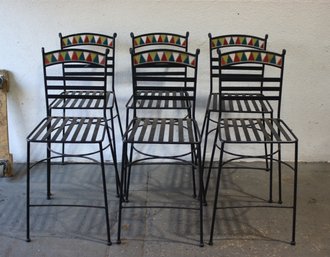 Wrought Iron Slat And Rod Bar/Counter Chairs With Colored Tile Backrest