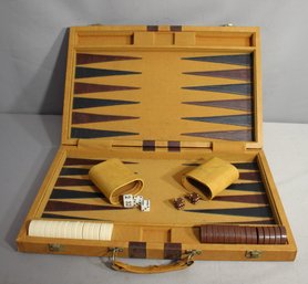 Vintage Backgammon Set In Leatherette Case - Complete With Dice And Cups