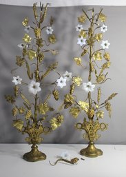 Pair Of Vintage Monumental Brass Floral And Grape Towers With Glass Florals