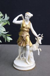 Kister German Porcelain Figurine Of Artemis Goddess Of The Hunt With Deer, Marked On Bottom