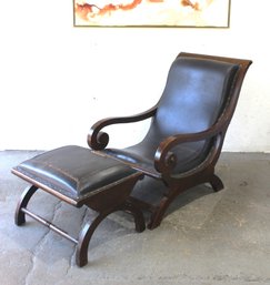 Vintage Campeche Style Leather And Mahogany Armchair With Ottoman