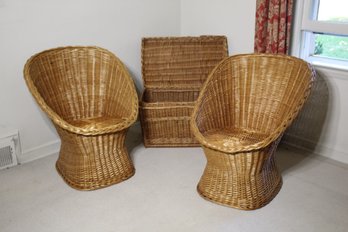 Pair Of Vintage Wicker Bucket Chairs And Wicker Trunk