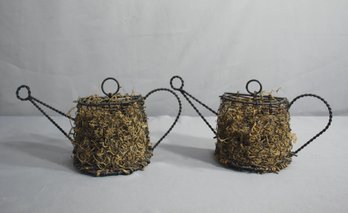 Pair Of Wire And Wicker Wall Pocket Basket Teapot