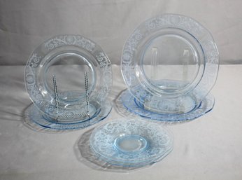 Group Lot Of Six (6) Vintage Tiara Blue Glass  Etched Plates