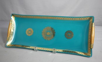 Mid Century Modern Georges Briard Teal Glass Serving Tray-17'x 7'