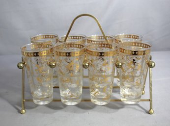 Vintage Culver Glassware Set With Gold Gilded Design And Carrier