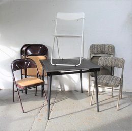 Group Lot Of Folding Chairs And A Black Folding Card Table