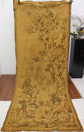 Antique Vertical Woven Tapestry Of Hunting Party With Horses Under Trees