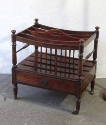 Classic English Antique Mahogany Canterbury With Drawer And Brass Casters