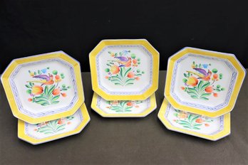 Set Of 6 Flower Bird Herrend Village Pottery Hexagonal Plates -  'one With Visible Chip'