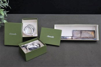Christofle Silver Plate Table Crumber And 2 Christofle Silver Plate Tea Strainers, Original Boxes