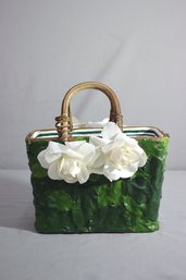 Gretchen Scott Basket Handbag With Fabric Orchids Embellishment Wood Handles