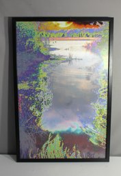 Framed Holographic Nature Scene Art  Sunset Over Water-print