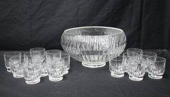 Vintage Ribbed Glass Punch Bowl With 15 Cups. No Ladle