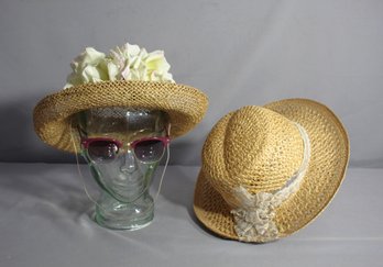 Duo Of Vintage Straw Sunhat's - Floral Elegance And Classic Simplicity