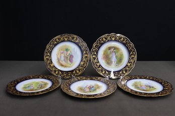 Collection Of 5 Sevres-Porcelain Chateau Des Tuilreries Cobalt Blue And Gilt Scroll Plates, Marked Sevres S37