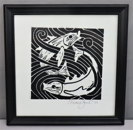 Framed'Salmonid' Wood Cut Signed And Date