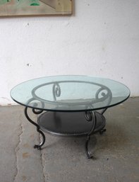 Round Bassett Wrought Iron Base Glass Top  Coffee Table With Leather