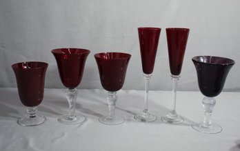 6  Pieces Of Cranberry Glass Stemware