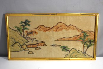 Vintage Framed Asian Landscape Painting - Serene Mountain And River Scene