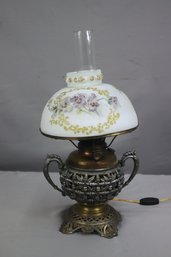 Antique B&H Open Fretwork Oil Lamp Converted To Electric With Floral Painted Milk Glass Shade