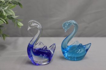 Clear/cobalt Swan And Sky Blue Swan Glass Figurines Set