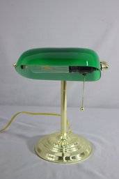 Green Glass Bankers/ Lawyers Desk Lamp. Brass Color Metal Base