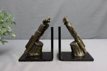 Pair Of Brass Golf Bag And Tinted Lucite Bookends