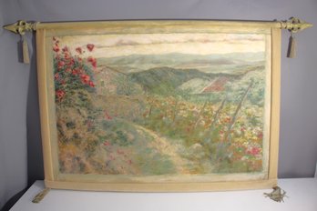 Vintage Tapestry Wall Art  Pastoral Countryside Landscape With Rod And Tassels