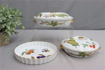 Royal Worcester Evesham Fine Porcelain Oven-to-table - 2 Covered Casseroles And 1 Quiche/Tarte