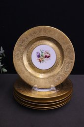 Group Of Six  Heavily Gilt Encrusted Hutschenreuther Porcelain Floral Charger Plates