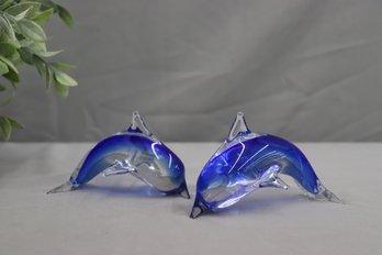 Two Murano  Glass Clear And Cobalt Blue Jumping Dolphin Figurines