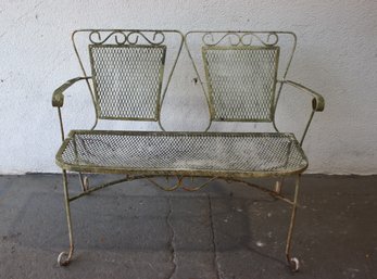 Beautifully Weathered And Rusticated Vintage Wrought Iron Mesh Loveseat Bench